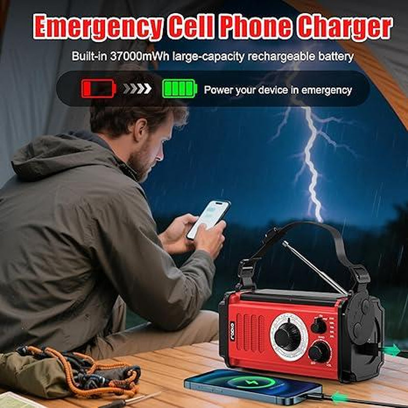 37000Mwh Hand Crank Solar Radio for Emergencies: AM/FM/NOAA, Rechargeable Battery, USB Charger, SOS Alarm, Flashlight & Reading Lamp for Survival Outdoor