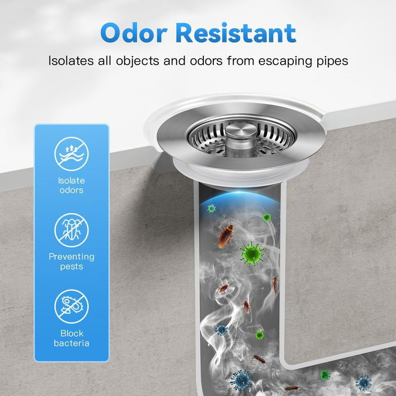 3 in 1 Stainless Steel Kitchen Sink Drain Strainer with Anti-Clogging Basket & Odor Isolation for US Standard 3-1/2 Inch Drains 1Pcs