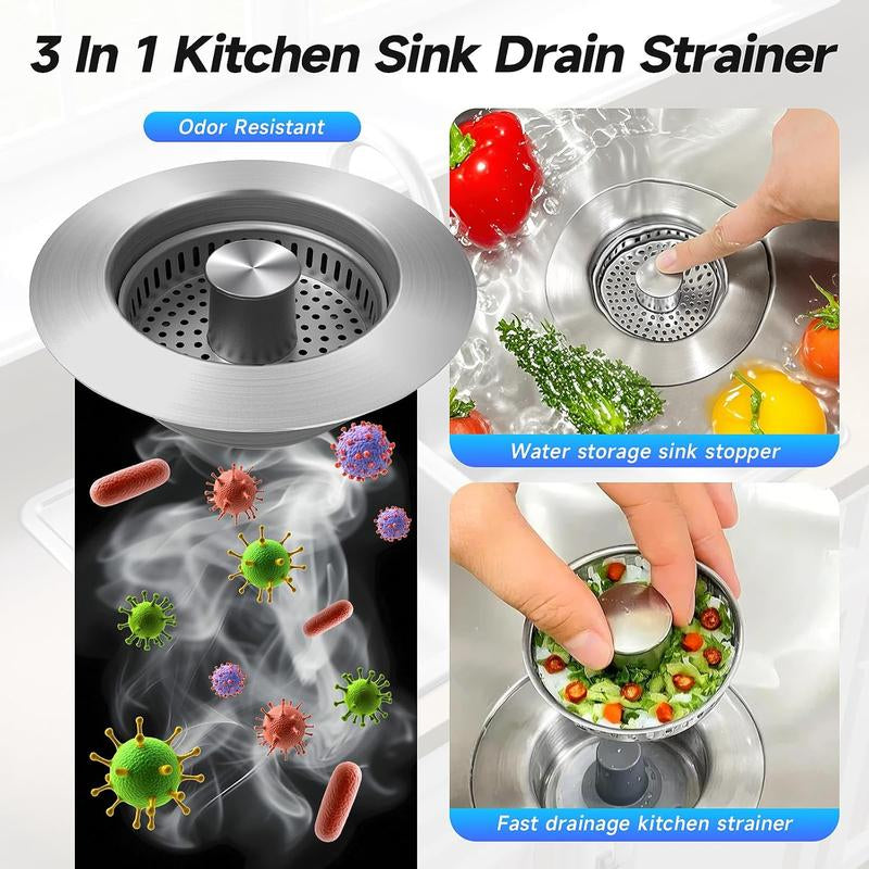 3 in 1 Stainless Steel Kitchen Sink Drain Strainer with Anti-Clogging Basket & Odor Isolation for US Standard 3-1/2 Inch Drains 1Pcs