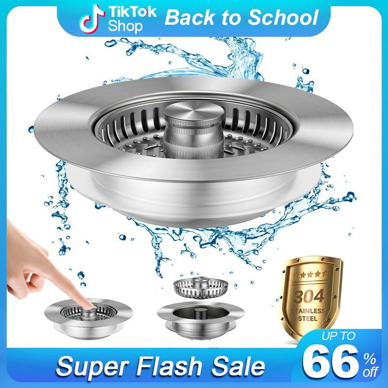3 in 1 Stainless Steel Kitchen Sink Drain Strainer with Anti-Clogging Basket & Odor Isolation for US Standard 3-1/2 Inch Drains 1Pcs