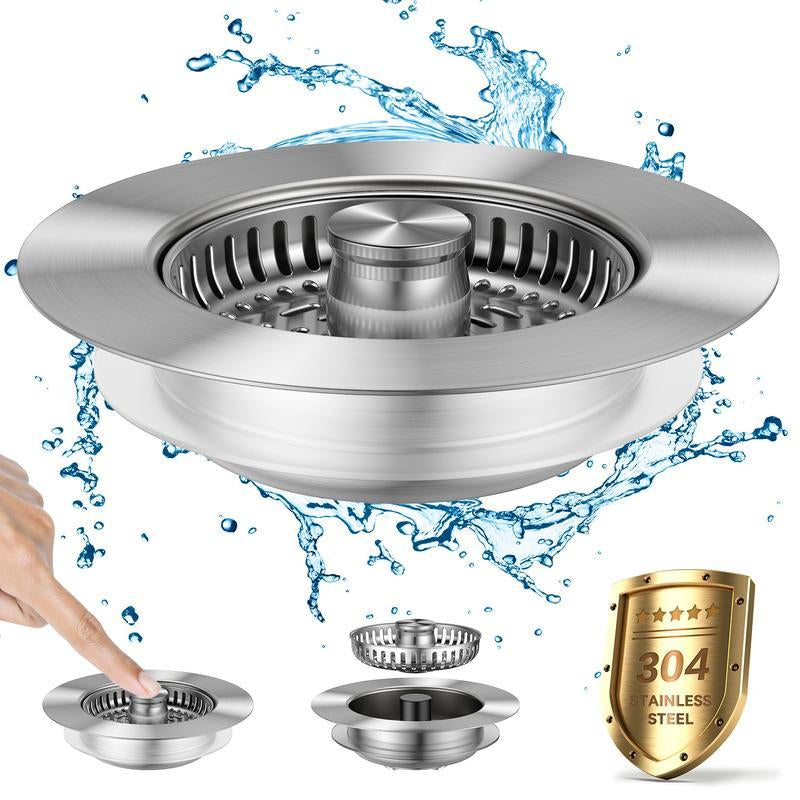 3 in 1 Stainless Steel Kitchen Sink Drain Strainer with Anti-Clogging Basket & Odor Isolation for US Standard 3-1/2 Inch Drains 1Pcs