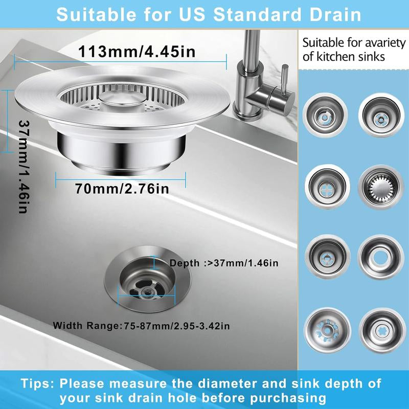 3 in 1 Stainless Steel Kitchen Sink Drain Strainer with Anti-Clogging Basket & Odor Isolation for US Standard 3-1/2 Inch Drains 1Pcs